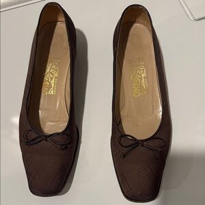Salvatore Ferragamo Dark Brown Unique Patterned Satin Bow low heeled pumps